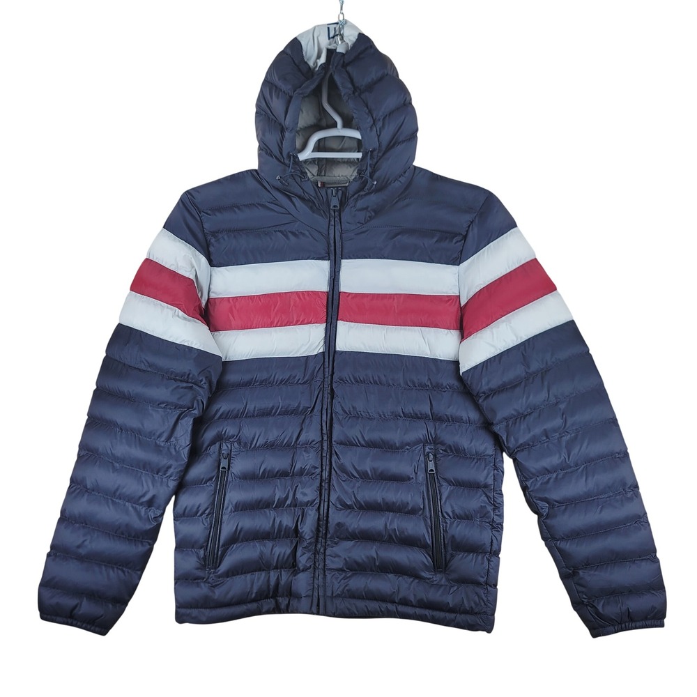 Tommy Hilfiger Puffer Jacket Mens S Navy Blue Colorblock Hooded Quilted Zip Up